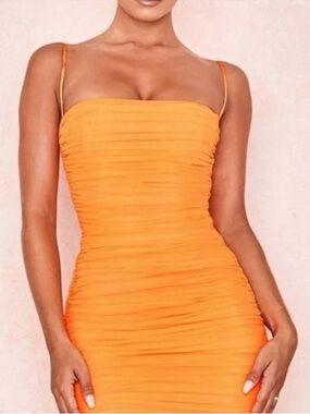 NEW House of CB ELLA Ruched Mesh Mini Dress Orange size XS